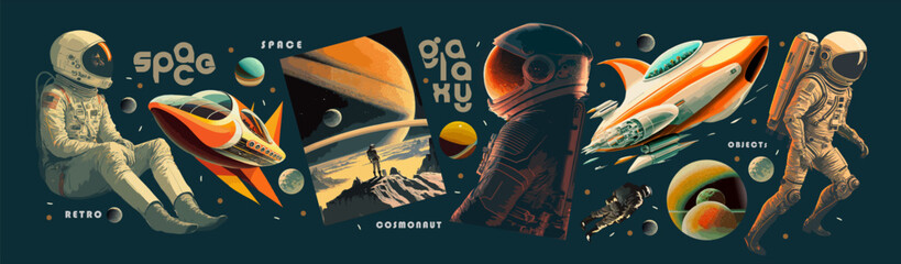 Space, science fiction, future. Vector retro illustrations of astronaut, galaxy, planet, moon, space objects for poster, background or cover
