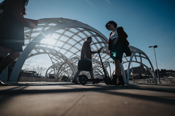 Dynamic shot of two businesspeople meeting while crossing an architecturally striking bridge on a...