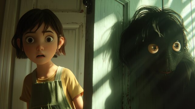 A young girl in overalls stands in the doorway and looks scared. The monster, which is a shadow with eyes and a mouth on the wall, hid behind the door. The girl has short brown hair and big eyes.