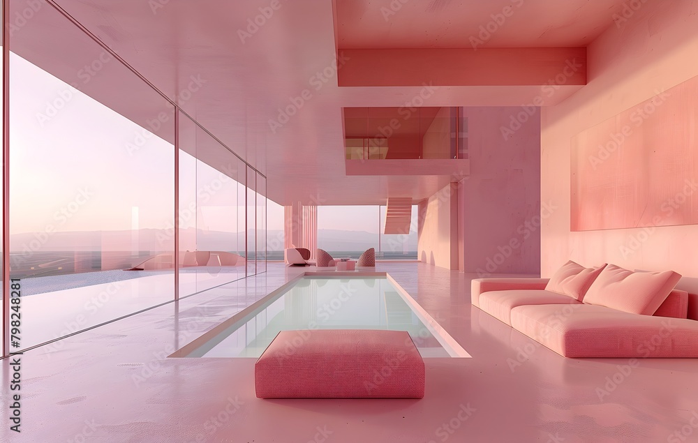 Poster 3d rendering of an interior design concept for a futuristic house with a swimming pool and sofa in a