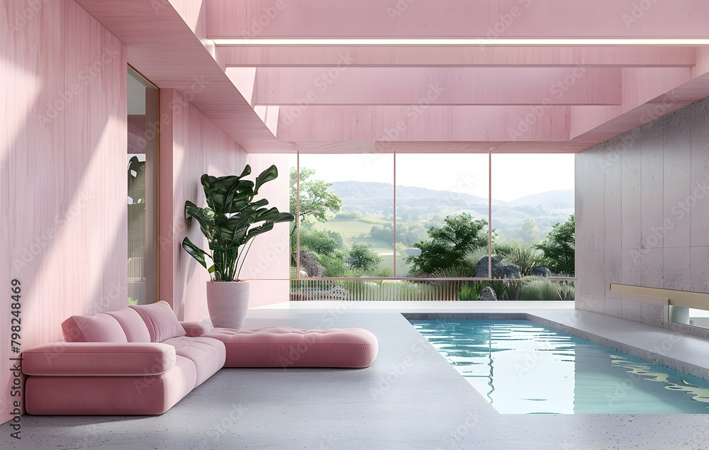 Poster 3d rendering of an interior design concept for a futuristic house with a swimming pool and sofa in a