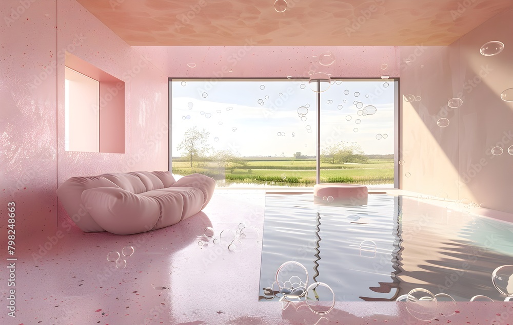 Poster 3d rendering of an interior design concept for a futuristic house with a swimming pool and sofa in a