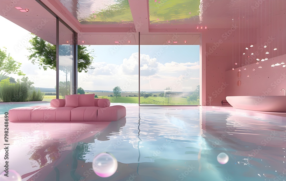Poster 3d rendering of an interior design concept for a futuristic house with a swimming pool and sofa in a