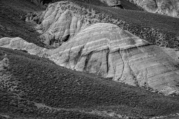 Striking black and white photo capturing the detailed textures and dramatic contours of barren...