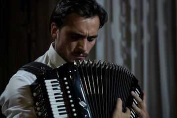 intense focus of a male accordionist as he plays his instrument on stage, his gaze captivating the viewer, emphasizes the performer's mastery, - obrazy, fototapety, plakaty