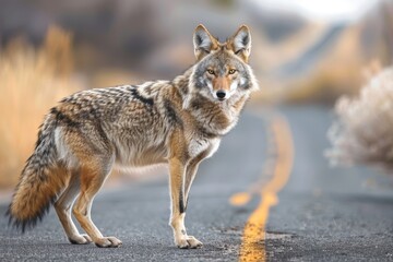 Naklejka na ściany i meble A coyote crossing a paved road in the USA near private houses. Concept of the danger of a wild animal attack. 