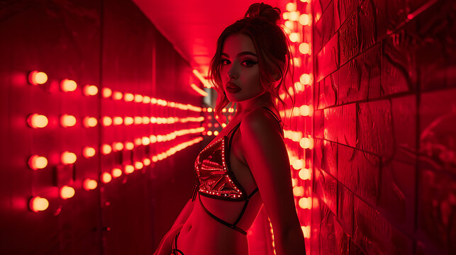 a woman in a red swimming costume posing for a picture in a dark room with red lights behind her