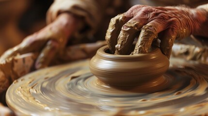 The soft blur of pots spinning on a pottery wheel in the background their shapes obscured as in the foreground defocused claycovered hands work diligently to mold and shape a chunk .