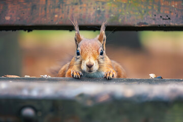 charming snapshot of a red squirrel seeking shelter under a park bench in France, its inquisitive gaze capturing the viewer's attention,