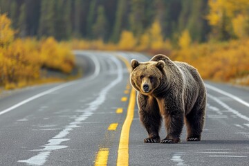 A grizzly bear on a paved road in the USA. Concept of the danger of a wild animal attack.