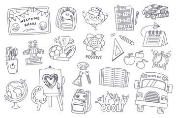 Cute school related outline drawings collection. Supplies and subjects line elements set. Education and learning concept design isolated on white background. Cool doodle hand drawn vector illustration