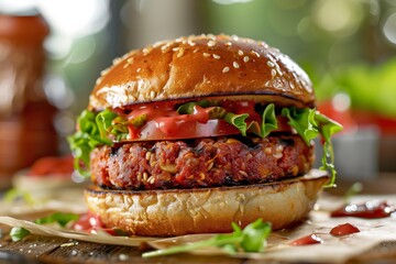 Vegan Burger with Sesame Bun on Rustic Wooden Board