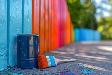 There's a nice freshly painted American fence next to a paint can and a brush. Spring and summer home renovation concept