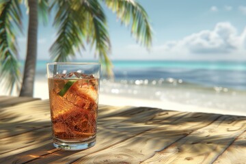 A drink with ice in a glass stands on a wooden table, a taste of tropical paradise among the ocean waves and sandy shores.
