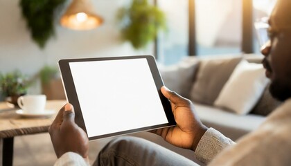 Tablet held by Man in a Living Room - Mockup for Application or Web Design - Template for Presentation of Graphic Design - Corporate Representation at Consumers