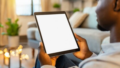 Tablet held by Man in a Living Room - Mockup for Application or Web Design - Template for Presentation of Graphic Design - Corporate Representation at Consumers