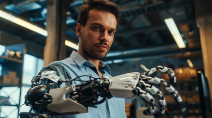 A man with a robotic arm in an industrial setting, AI