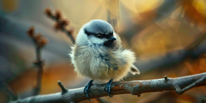 Macro shot of a tiny chickadee perched on a tree branch, fluffy feathers and bright eyes.