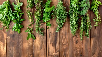 Assorted fresh culinary herbs hanging on a rustic wooden wall. Perfect for food seasoning. Homegrown organic produce and sustainable living. AI