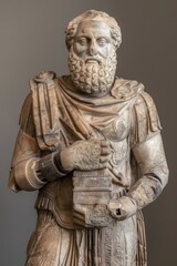 Obraz premium a fictional statue of a man with beard holding something in his hands, AI