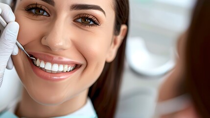 Close-up of a smiling woman receiving dental treatment. Conceptual image for oral health care, dental hygiene, and happy patient experience. Professional dentistry work in progress. AI