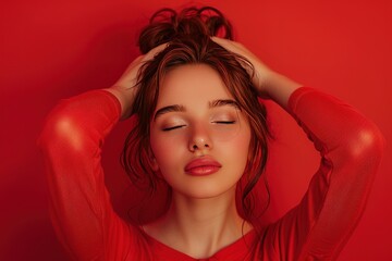 calm women with closed eyes touching head on red background representing concept of mental health problems