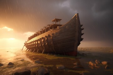 Noah's Ark against dark clouds and rain
