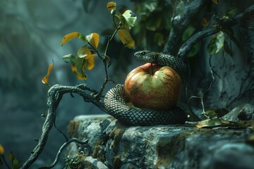 Snake protecting a forbidden apple fruit in the Garden of Eden
