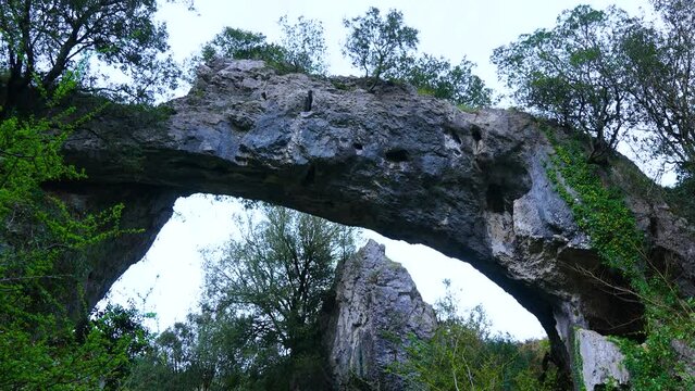 Landscape around the natural stone Arch of Jentilzubi in Dima in the Province of Bizkaia. Basque Country. Spain. Europe
