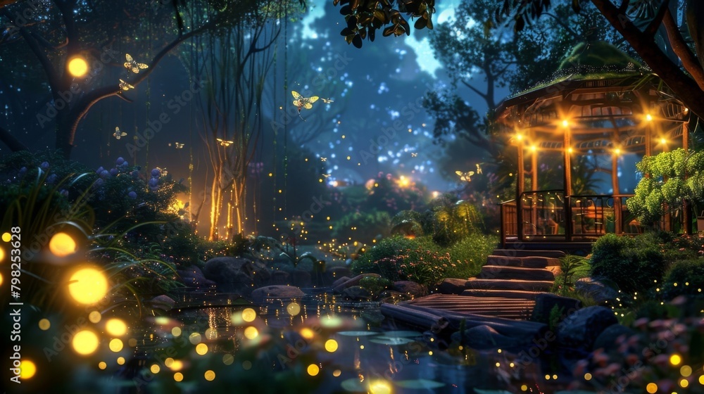Poster at night the garden transforms into a luminescent wonderland with fireflies flitting about in a mesm