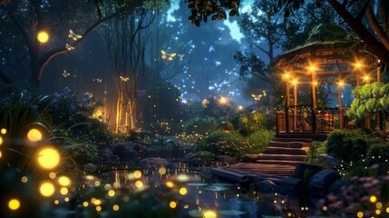 Fototapeta na wymiar At night the garden transforms into a luminescent wonderland with fireflies flitting about in a mesmerizing dance. The soft glow of . .