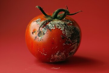 Close-up of a mouldy tomato against a red background