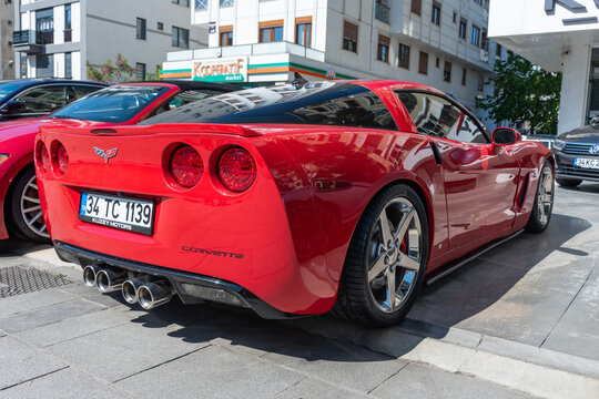 ISTANBUL, TURKEY - APRIL 21, 2024: Corvette C7 (Model 2014) on the showroom. The volume of the 512 horsepower engine is 7008 cc, and the car accelerates from 0 to 92 km in 3.6 seconds.