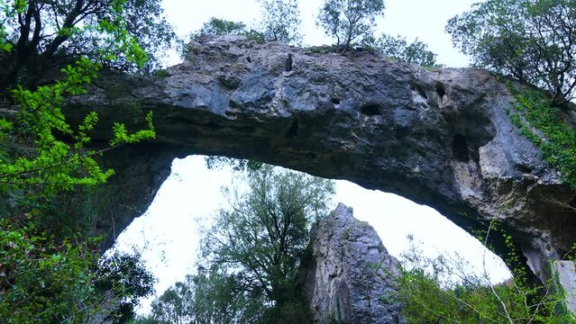 Landscape around the natural stone Arch of Jentilzubi in Dima in the Province of Bizkaia. Basque Country. Spain. Europe