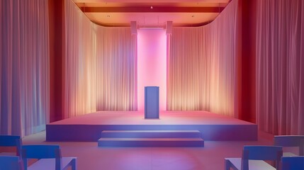 The silence of the empty stage is palpable, with a lone podium bathed in pastel colors, creating a serene and contemplative ambiance.