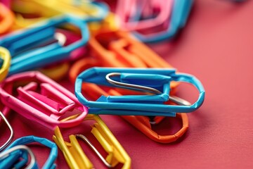 Colorful paperclips on red background