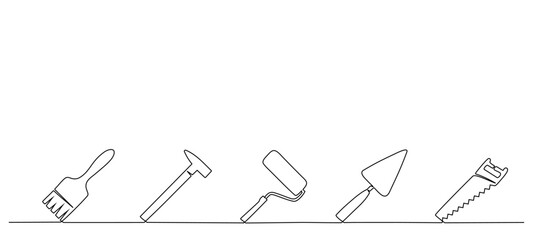 Continuous one line drawing of construction tools. Vector illustration