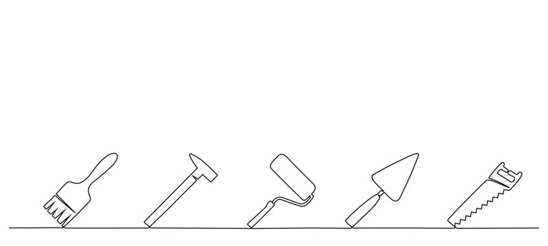 Continuous one line drawing of construction tools. Vector illustration