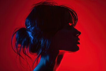 Creative dark portrait under blue light over red background.