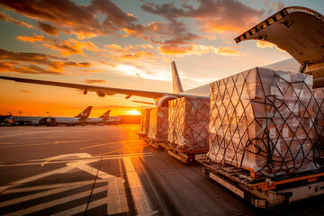 Air transport shipment prepare for loading to modern freighter jet aircraft at the airport.
