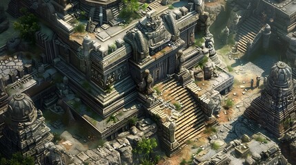 a backdrop of ancient ruins and crumbling temples, the HD camera reveals the haunting beauty of lost civilizations in 3D isometric scenes, with intricate carvings 