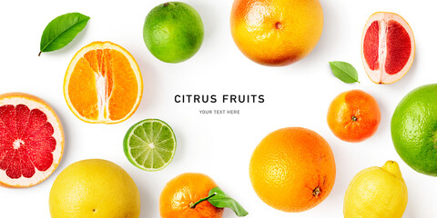 Citrus fruits frame border isolated on white background.