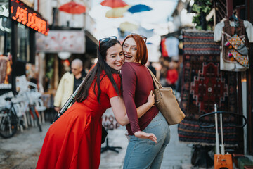 Two young stylish women sharing a joyful moment while exploring city life, expressing freedom and friendship.