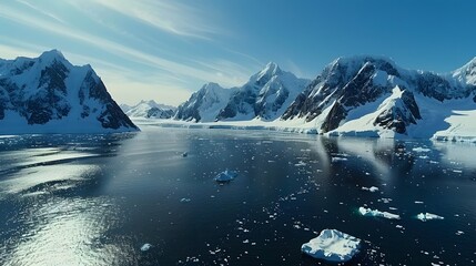 a backdrop of snow-capped peaks and icy fjords, the HD camera captures the pristine beauty of polar landscapes in captivating aerial photography, with glaciers and icebergs glistening in the sunlight - Powered by Adobe