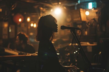 silhouette of a person with a microphone singing in a night club