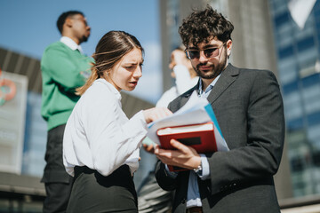 Fototapeta premium Diverse business professionals engaged in a strategic meeting outside, analyzing documents with a backdrop of skyscrapers.