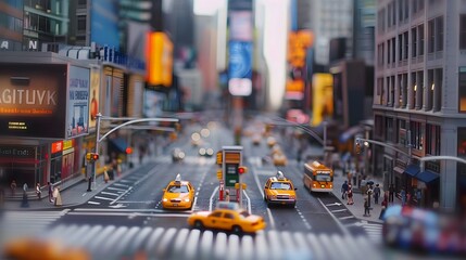 a backdrop of towering skyscrapers and bustling streets, the HD camera reveals the vibrant energy of city life in miniature architecture landscape models, with miniature cars and buses  - obrazy, fototapety, plakaty