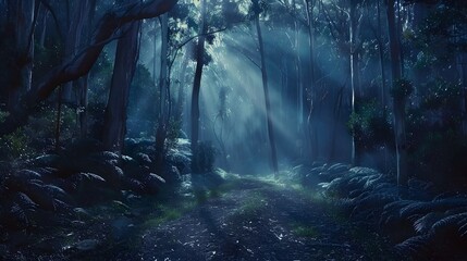 a backdrop of towering trees and winding paths, the HD camera captures the mystical atmosphere of a forest at night, with beams of moonlight filtering through the canopy and casting 