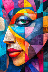 Abstract mosaic art piece featuring a vibrant, geometric portrayal of a human face