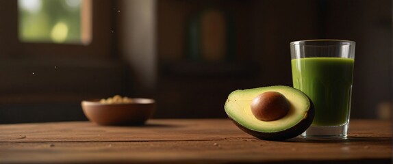 A glass of avocado juice, slightly off-center to the right, on a rustic wooden table bathed in warm, morning sunlight. A few scattered avocado seeds add visual interest